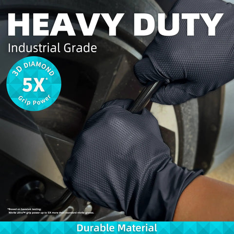 Heavy-duty diamond textured 8 mil nitrile disposable gloves in use for automotive work, focus on grip, black large size, 50 pcs