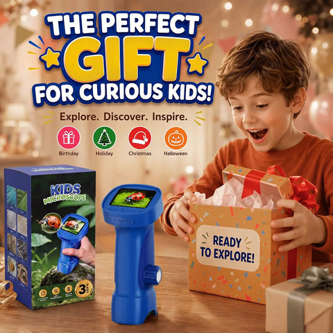 Kid Friendly Handheld Digital Microscope With 2.4 Inch IPS Display And 1080P HD Quality For Easy Exploration Of Tiny Worlds, Capture Sharp Photos And Videos On The Go While Your Curious Kids Learn Science. Blue handheld kids microscope with display, shown beside gift box
