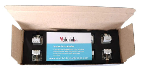 Open box showing Direct In Line RJ45 Ethernet Surge Protector Pack Of 10 For 100/1000 Mbps Networks, IEC 61000-4-5 Compliant