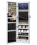 Straight Up Premium Wall Or Door Mounted Jewelry Cabinet With Full Length Mirror Six Auto LED Lights Lockable Vanity Organizer To Keep Your Bling Safe In Fresh White showing organized jewelry storage inside.