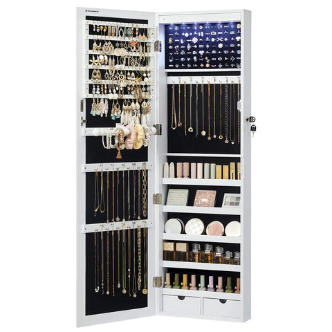 Straight Up Premium Wall Or Door Mounted Jewelry Cabinet With Full Length Mirror Six Auto LED Lights Lockable Vanity Organizer To Keep Your Bling Safe In Fresh White showing organized jewelry storage inside.