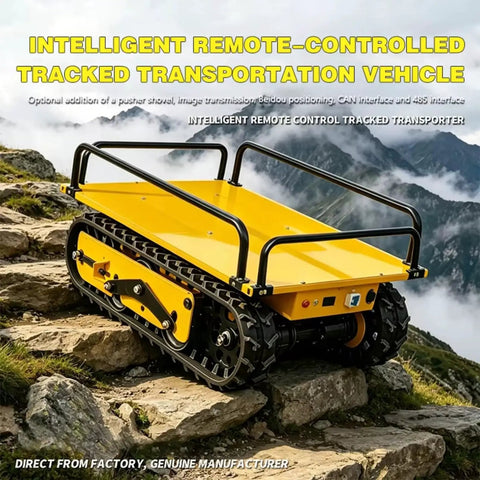 Remote Control Roller Dolly For Heavy Equipment Workhorse Style Battery Powered Load Moving Skate With Wireless Controller And 360 Degree Turntable For Quick Easy Industrial Warehouse Transport tracked yellow robot on rocky terrain