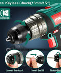Cordless Drill Driver 20V Workhorse Kit With 330 Inch Pound Torque showing keyless chuck usage steps.