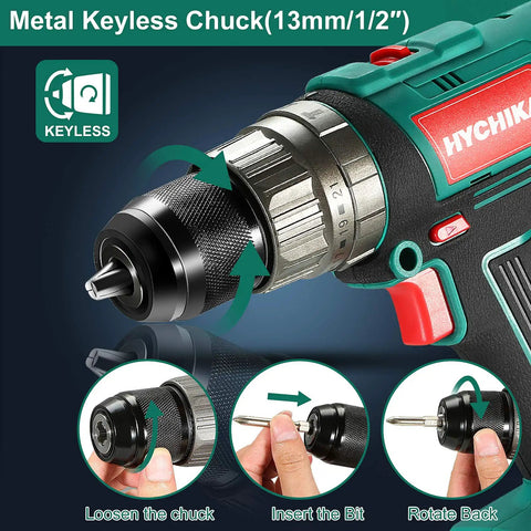 Cordless Drill Driver 20V Workhorse Kit With 330 Inch Pound Torque showing keyless chuck usage steps.