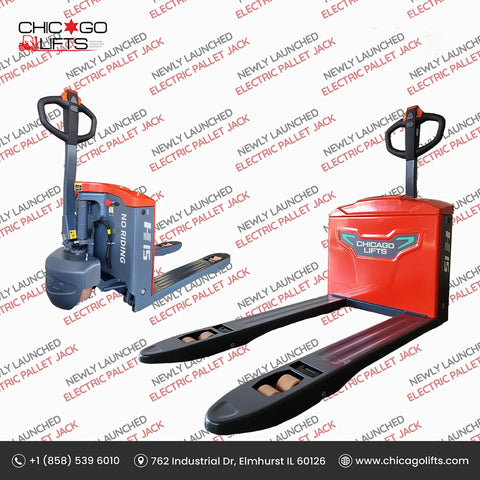 Robust Chicago Lifts Full Electric Pallet Jack 4400 Lb Capacity With 48 Inch By 27 Inch Fork Size For Heavy Duty Warehouse Moving And Logistics, side view with ergonomic handle.