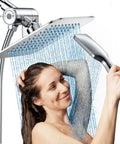 Woman enjoying High Pressure Rain Shower Head With Handheld And Dual Square Shower Head Combo 3 Spray Settings 5 Ft Hose No Leak