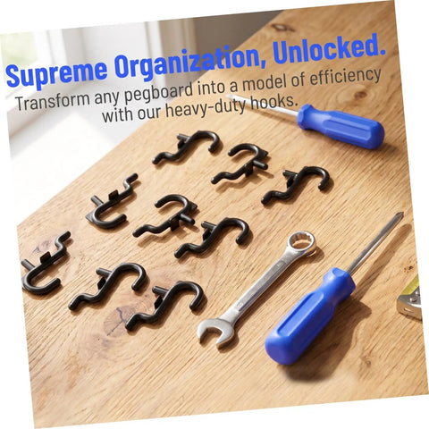 Ultimate Pegboard Hooks Set For Garage Wall Organization, Movable Layout To Fit Hand Tools And Small Gear, Universal Tool Hangers For Home And Shop, Flexible Pegboard Rack System For Kitchen Studio And Retail Displays. Black plastic pegboard hooks and blue screwdrivers on wood.
