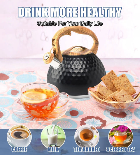 Stovetop Tea Kettle 3.2 Quart Stainless Steel Whistling Teapot With Wood Pattern Handle Food Grade Build For Coffee Tea Milk