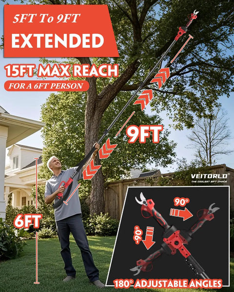 Man using Two In One Cordless Pole Pruner With 15 Ft Reach Brushless Motor Dual 2000mAh Batteries 30 Mm Cutting Capacity