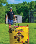 Yellow Jacket Supreme 3 Archery Target Bag Dual Sided 23 By 12 Inches used for compound bow practice in grassy backyard setting
