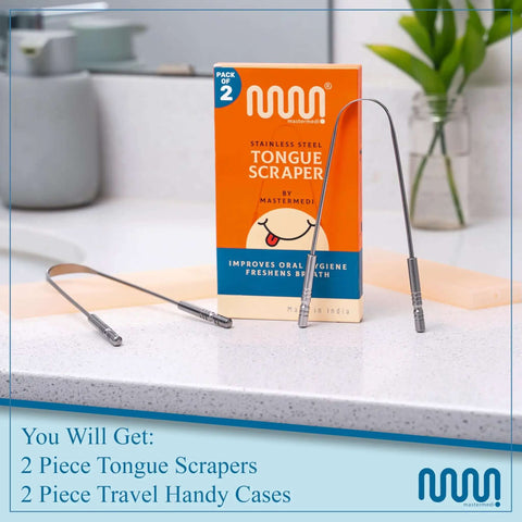 Stainless Steel Tongue Scraper For Adults 2 Pack With Multicolor Travel Case, Easy To Use Tongue Cleaner On Bathroom Counter