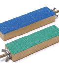 Top Shelf Solid Wood Bird Cage Perch Stand 2 Pack With Quartz Sand Coating For No Sweat Beak Grinding And Claw Filing platform with blue and green sand surfaces.
