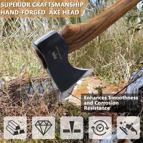 15.7 Inch Camping Hatchet With Beech Handle, Hand Forged Axe For Wood Chopping Splitting And Carving outdoors with axe head close-up