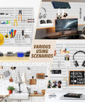 Image of Modular Plastic Pegboard Wall Organizer 4 Pack 12x12 Inch Panels Hella Space Saving Garage Storage with hooks in various setups.