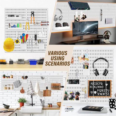 Image of Modular Plastic Pegboard Wall Organizer 4 Pack 12x12 Inch Panels Hella Space Saving Garage Storage with hooks in various setups.