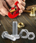 Hands using a pipe cutter with bolts and brass washers on a wooden surface, featuring 70 Pack Brass Flat Washers Set, 3mm ID, 8mm OD.