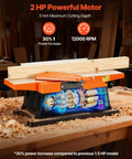 Heavy Duty Six Inch Spiral Benchtop Jointer Boasts A Beefy Two Horsepower Motor Churning At Twelve Thousand Rpm With Twelve Blade Spiral Cutterhead Delivering Flawless Surfaces Adjustable Fence And Solid Cast Aluminum Table Built Tough For Real Workers with 2 HP motor and cutting board.