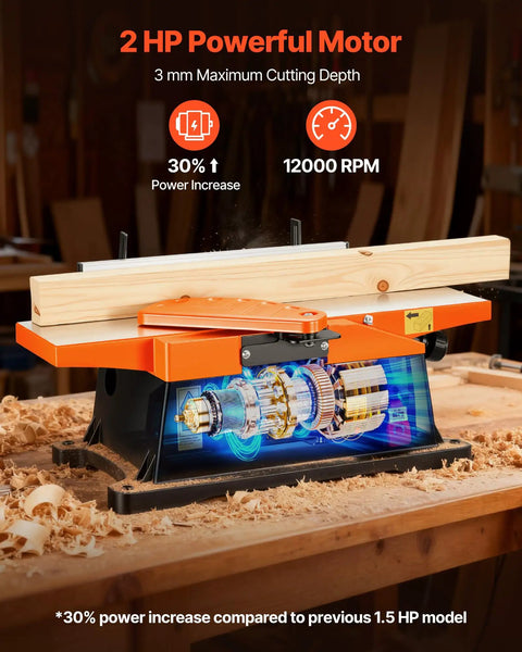 Heavy Duty Six Inch Spiral Benchtop Jointer Boasts A Beefy Two Horsepower Motor Churning At Twelve Thousand Rpm With Twelve Blade Spiral Cutterhead Delivering Flawless Surfaces Adjustable Fence And Solid Cast Aluminum Table Built Tough For Real Workers with 2 HP motor and cutting board.