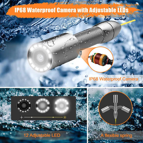 IP68 Waterproof Pipe Inspection Tool featuring adjustable LEDs and flexible spring for enhanced visibility.