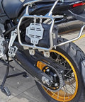 Badass Motorcycle Side Tool Box For CRF1000L Cargo Rack with durable metal frame mounted on adventure bike.