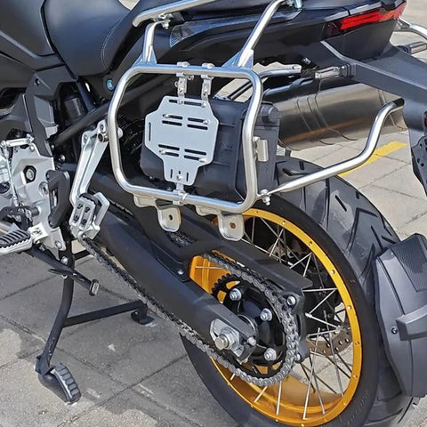 Badass Motorcycle Side Tool Box For CRF1000L Cargo Rack with durable metal frame mounted on adventure bike.