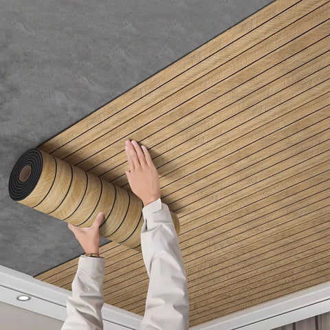 Effortless Peel And Stick 3D Wall Panels Self Adhesive Soundproof Removable PVC Slat Tiles Dark Brown Wood Grain being installed on ceiling.