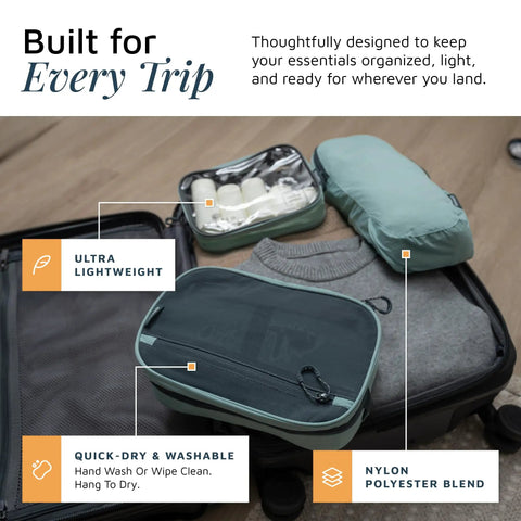 All In One Travel Toiletry Kit Three Piece Set With Hanging Toiletry Bag TSA 311 Liquid Bag And Accessory Organizer Pouch In Dusty Teal