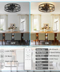 Smooth Operator Flush Mount Ceiling Fan with Remote and Six Speeds in Matte Black shown in a dining area, illuminated and off.
