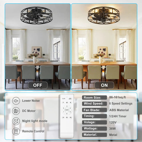 Smooth Operator Flush Mount Ceiling Fan with Remote and Six Speeds in Matte Black shown in a dining area, illuminated and off.