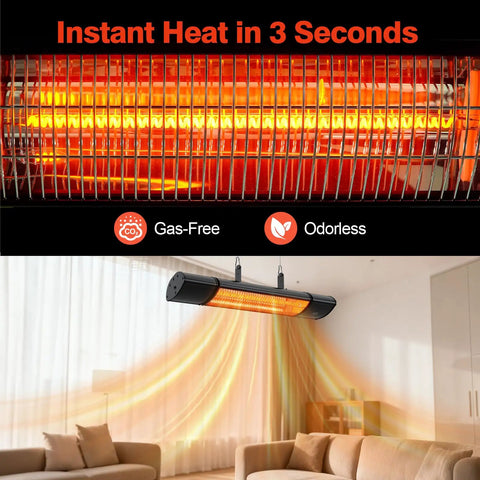 Outdoor Patio Heater With Remote Control And Built In Temperature Control 1500W Hanging Or Ceiling Or Wall Mounted For Indoor And Outdoor Use IP55 Weatherproof Black, installed indoors