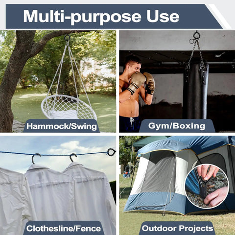 Multi-purpose use of Heavy Duty 6 Inch Eye Hooks And Screws Set, hammock hanging, boxing bag installation, clothesline, tent anchoring.