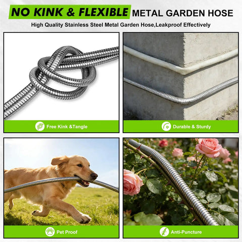 Heavy Duty Burst Resistant Metal Garden Hose With 304 Stainless Steel Outer Shell And Rugged PVC Liner, 3 Feet Long, shown kink-free
