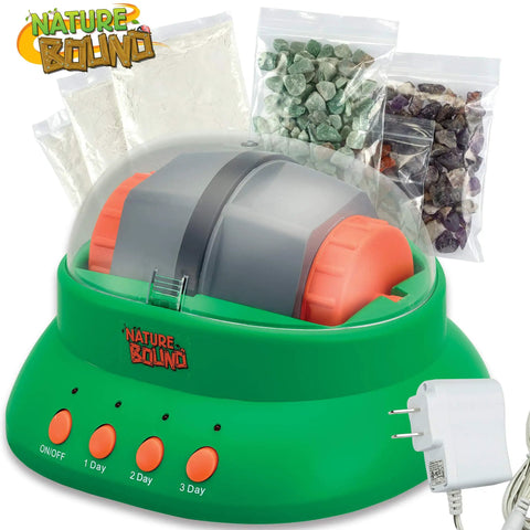 Starter Rock Tumbler Kit For Kids With Fast Polish Includes Rough Gemstones Polishing Grit Jewelry Findings And Kid Friendly Easy Instructions A STEM Science Kit For Young Geologists Ages 8 Plus with tumbler, power adapter, and gemstones.