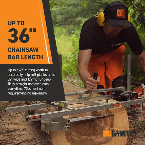 Side view of Granberg 36-Inch Alaskan MKIV chainsaw mill on a log; gray frame with orange branding