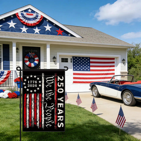 Two Sided 12x18 Inch 250th Anniversary USA Garden Flag Commemorative 1776 2026 We The People Patriotic Banner displayed in yard