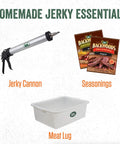 Top Shelf 16 Tray Stainless Steel Food Dehydrator Engineered For Homemade Snacks Jerky Fruits And Veggies With Huge Capacity Countertop Kitchen Appliance showing jerky cannon, seasonings, and meat lug.