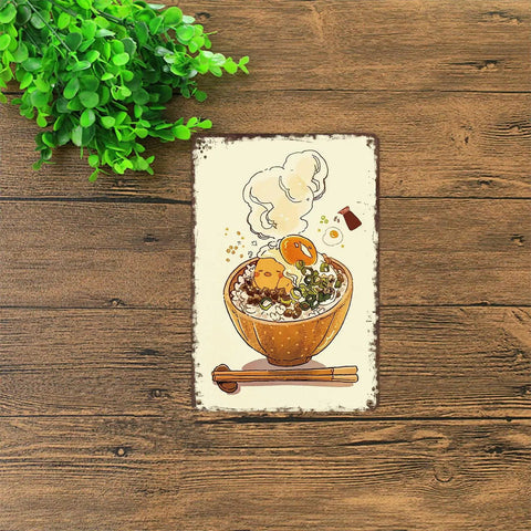 Vintage Metal Sign Ramen Noodle Art Tin Sign Poster For Home Room Garage Office Decor 8x12 Inch Wall Art Retro Kitchen Decor Perfect For Diner Bar Coffee Corner Man Cave on wooden surface with plant