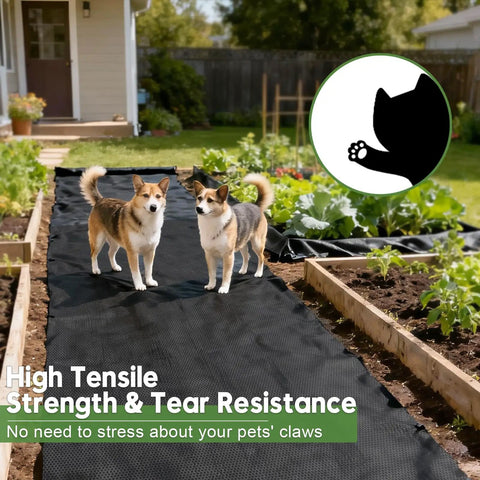 Built Tough 4Oz Nonwoven Geotextile Weed Barrier Fabric 3Ft By 100Ft installed in garden path with two dogs