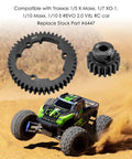 Beefed Up Hardened Steel 46T Spur Gear and 18T Pinion Gear Set For 1/5 X-Maxx, 1/7 XO-1, 1/10 Maxx, 1/10E-Revo 2.0 VXL Replacement 6447 Heavy Duty RC Car Gear Set on background of RC car driving on dirt