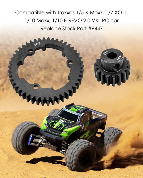 Beefed Up Hardened Steel 46T Spur Gear and 18T Pinion Gear Set For 1/5 X-Maxx, 1/7 XO-1, 1/10 Maxx, 1/10E-Revo 2.0 VXL Replacement 6447 Heavy Duty RC Car Gear Set on background of RC car driving on dirt