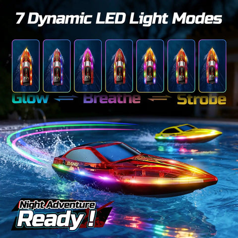 Two Pack Fast RC Boats For Kids With 4x1200mAh Batteries, 120 Minute Run Time, 7 LED Modes, Capsize Recovery, glowing in pool