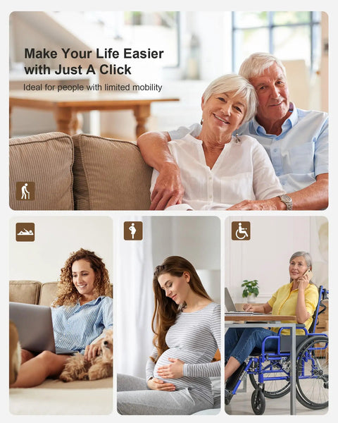 Older couple sitting on a couch, woman with dog on laptop, pregnant woman, and woman in wheelchair using phone.
