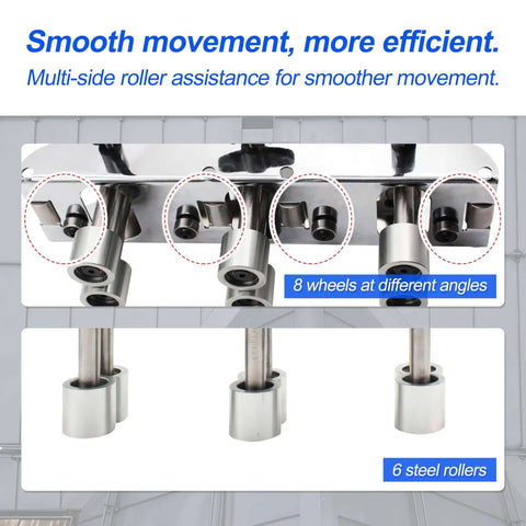 Close-up of Three Station Edge Roller Bender For Metal Roofing And Sheet Metal, showing 8 wheels and 6 steel rollers with dual bending styles.