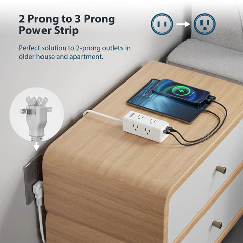 Dope Surge Protector Power Strip With 5 Outlets And 4 USB Ports Including USB C Quick Charge 3A on wooden nightstand