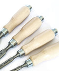 Killer 4 Piece Chisel Set Featuring Legit Cr Mn Steel Blades And Slick Lacquered Wood Handles Pre Sharpened Ready To Hammer Tough Job Site Hardware For Skilled Trades And Weekend Bros, view of wooden handles.
