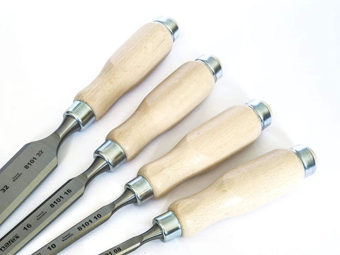 Killer 4 Piece Chisel Set Featuring Legit Cr Mn Steel Blades And Slick Lacquered Wood Handles Pre Sharpened Ready To Hammer Tough Job Site Hardware For Skilled Trades And Weekend Bros, view of wooden handles.