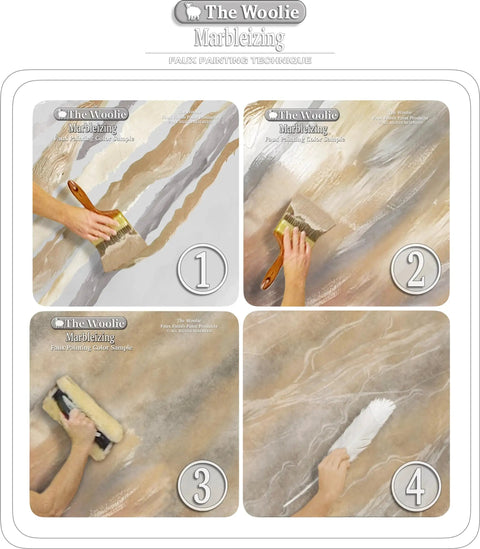 Faux Painting Starter Toolkit For Beginners Full Sized 9.75 By 5 Inch Set with marbling technique shown in progress on wall