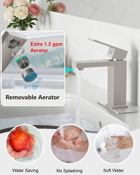 1 Hole Single Handle Stainless Steel Bathroom Faucet With Deck Plate In Brushed Nickel Modern Vanity Sink Faucet Set Includes Water Supply Hoses ABS Pop Up Drain No Plumber Needed Easy Install Kit