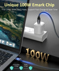 USB C To USB C Cable Long Range High Speed 8K30Hz 4K60Hz Display Cable With 20Gbps Data Transfer And 100W PD Fast Charging For Portable Monitors USB 3 Gen 2x2 Compatible With iPhone 17 MacBook iPad CarPlay And SSD, braided black cable on laptop and charger