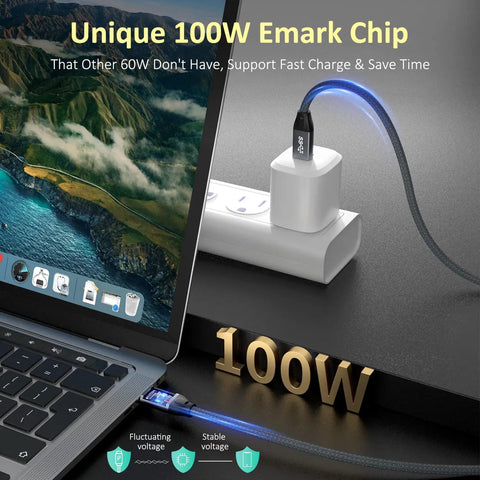 USB C To USB C Cable Long Range High Speed 8K30Hz 4K60Hz Display Cable With 20Gbps Data Transfer And 100W PD Fast Charging For Portable Monitors USB 3 Gen 2x2 Compatible With iPhone 17 MacBook iPad CarPlay And SSD, braided black cable on laptop and charger